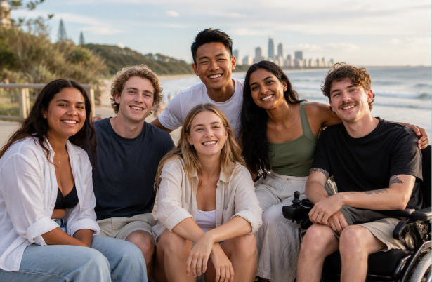 Six friends gathered by the beach, including one person using a wheelchair